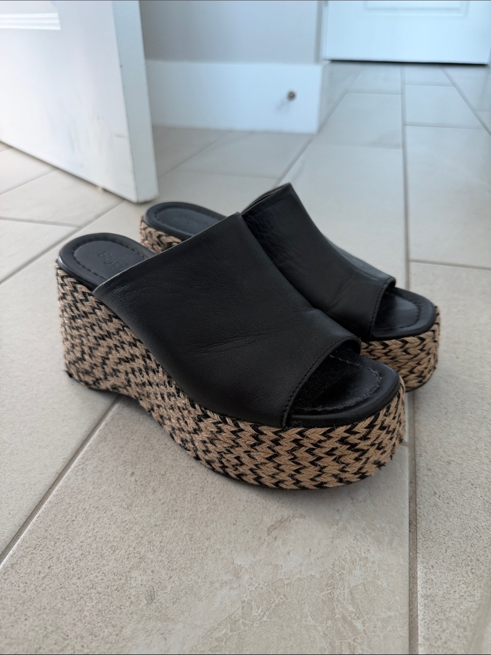 Seychelles Black Leather Open-Toe Woven Platform Wedge